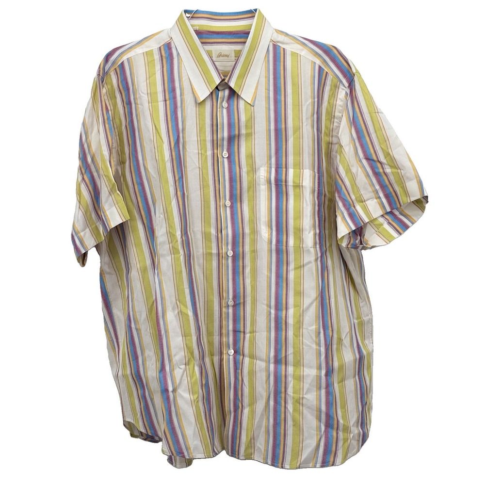 Brioni Button Shirt Men's Short Sleeve Striped Italy Rainbow Pastel XXXL Big 3XL